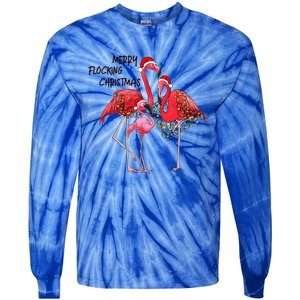 Merry Flocking Christmas Day Pink Flamingo Xmas Holidays Gift Tie-Dye Long Sleeve Shirt