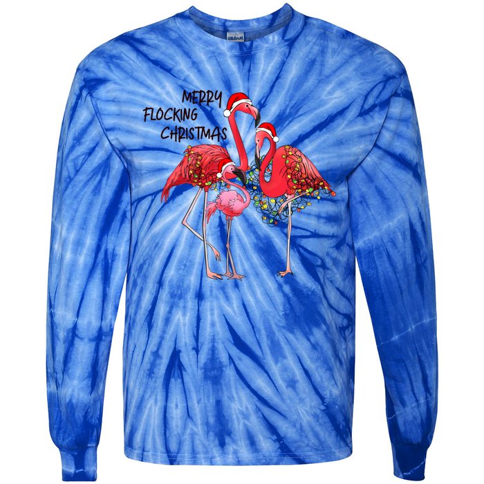 Merry Flocking Christmas Day Pink Flamingo Xmas Holidays Gift Tie-Dye Long Sleeve Shirt