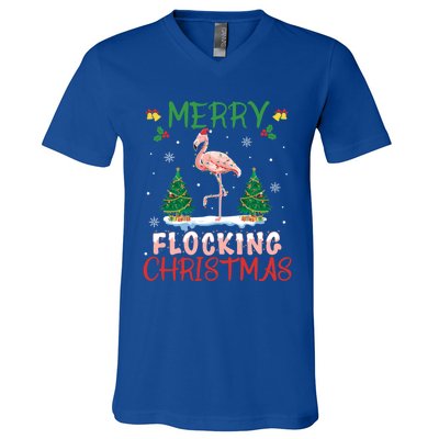 Merry Flocking Christmas Flamingo Pink In Santa Hat Gift Fun Great Gift V-Neck T-Shirt