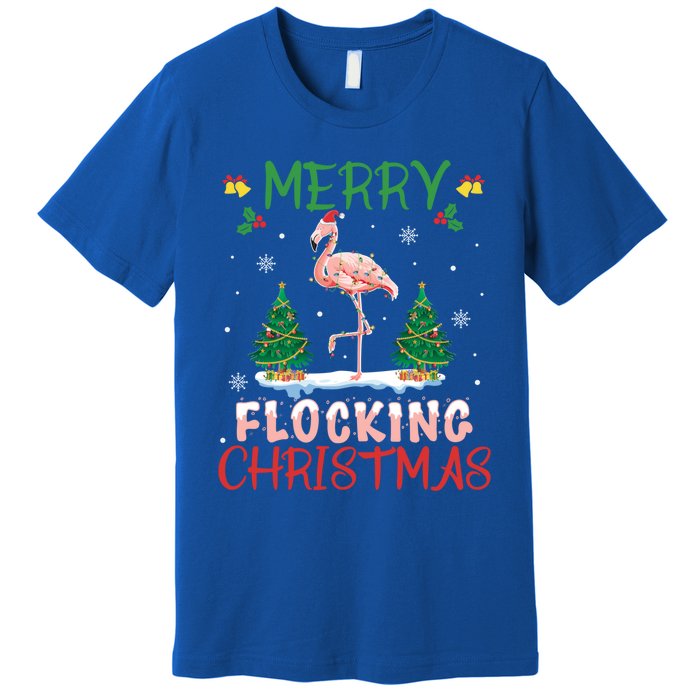 Merry Flocking Christmas Flamingo Pink In Santa Hat Gift Fun Great Gift Premium T-Shirt