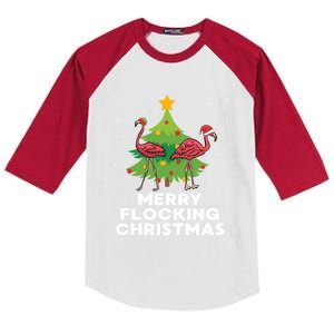 Merry Flocking Christmas Funny Xmas Flamingo Wading Bird Gift Kids Colorblock Raglan Jersey