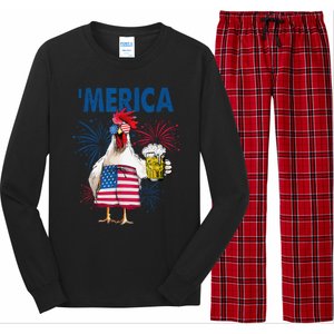 Merica Funny Chicken with beer USA Flag 4th of July Long Sleeve Pajama Set