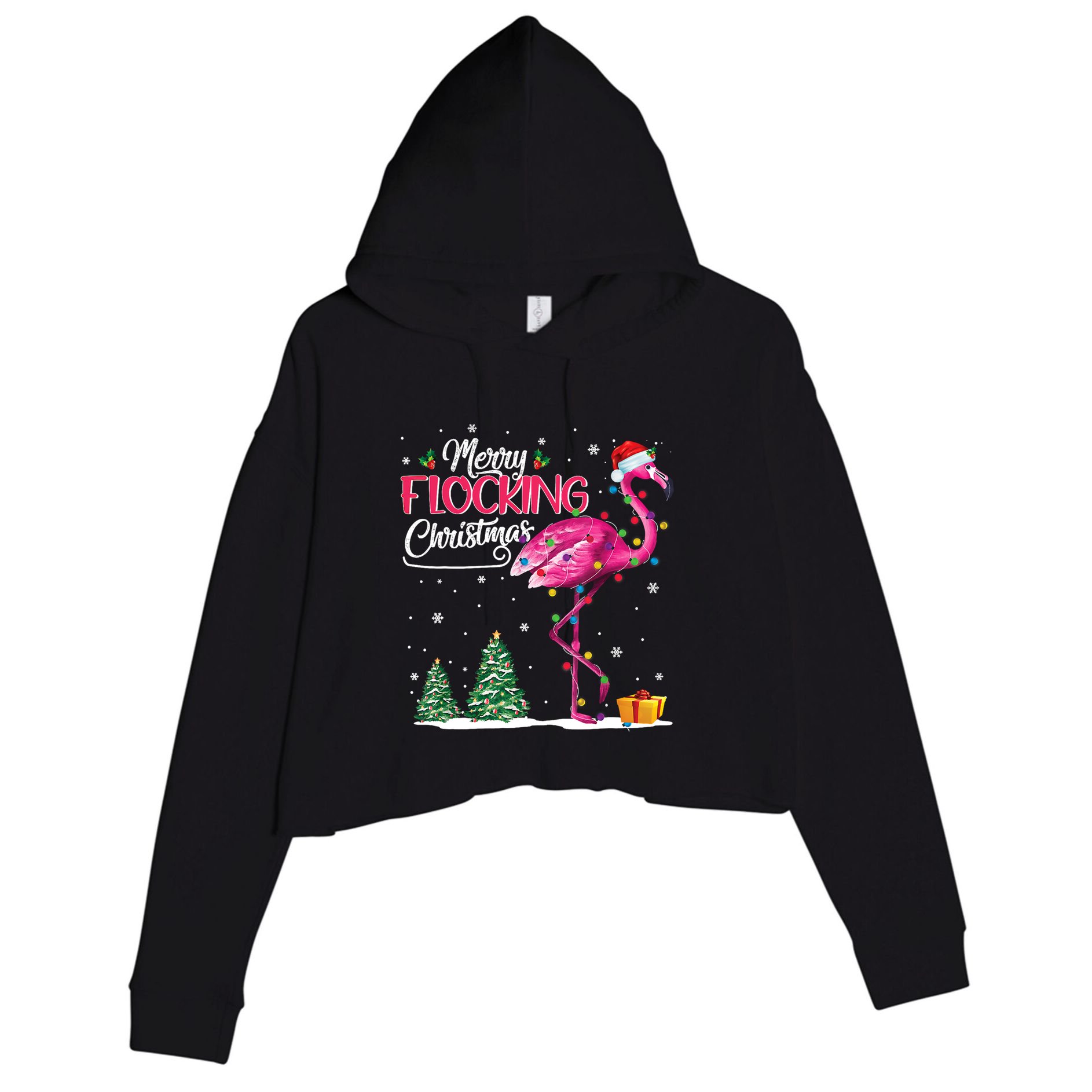 Merry Flocking Christmas Cute Flamingo Pink Santa Hat Cute Gift Crop Fleece Hoodie