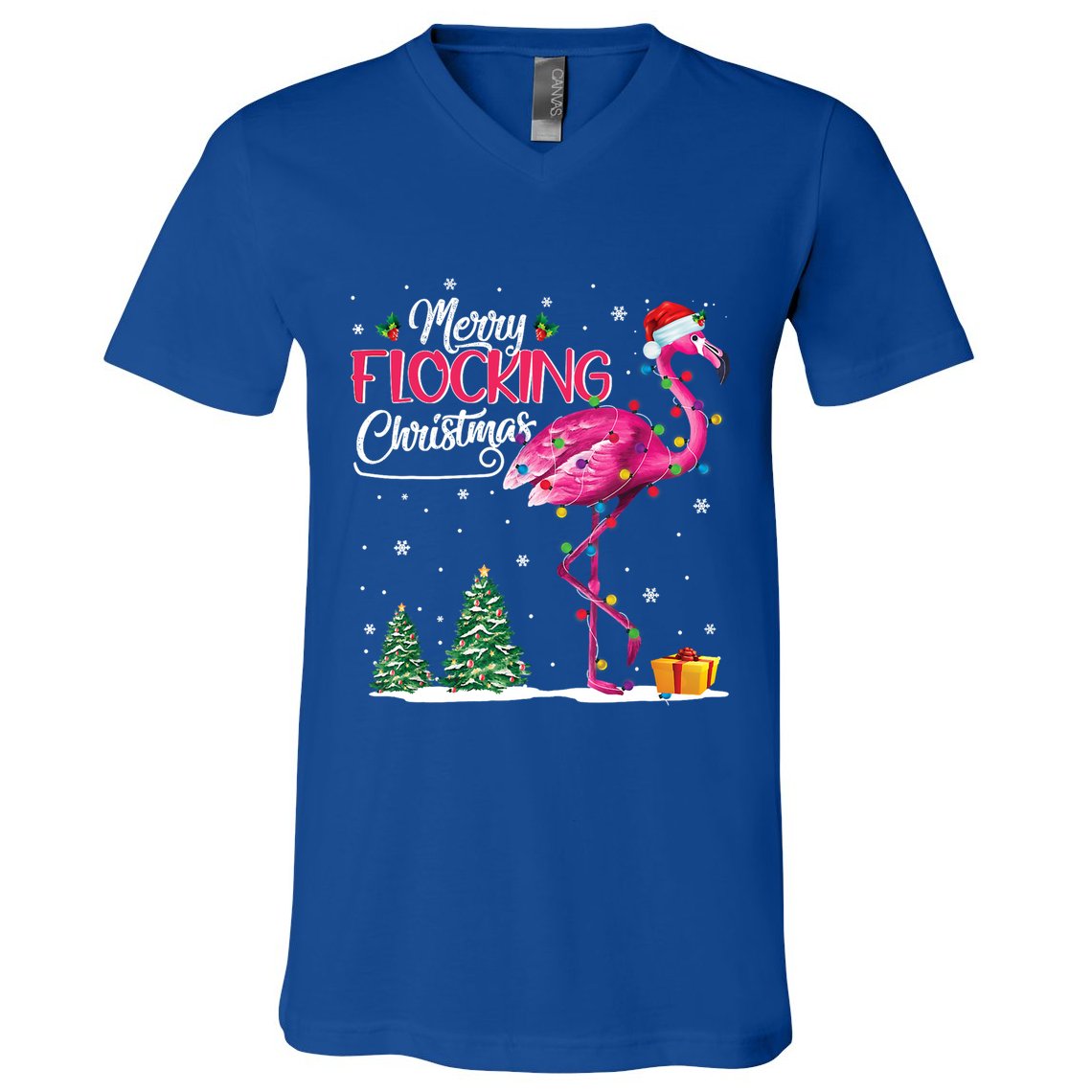 Merry Flocking Christmas Cute Flamingo Pink Santa Hat Cute Gift V-Neck T-Shirt