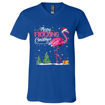 Merry Flocking Christmas Cute Flamingo Pink Santa Hat Cute Gift V-Neck T-Shirt