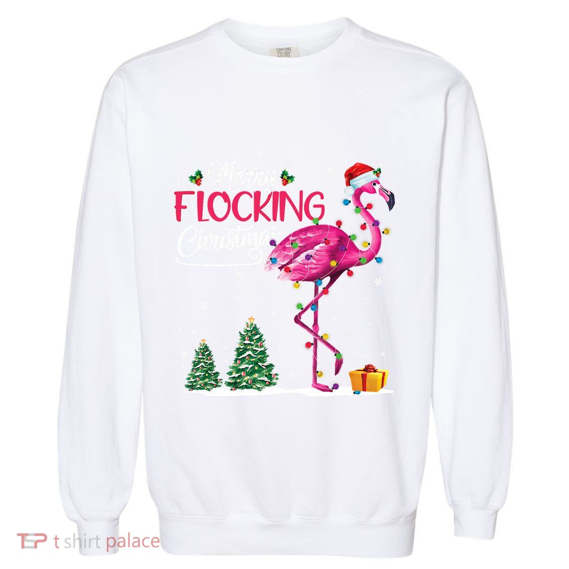 Merry Flocking Christmas Cute Flamingo Pink Santa Hat Cute Gift Garment-Dyed Sweatshirt