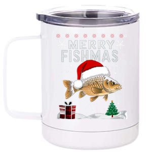 Merry Fishmas Carp Fish Ugly Christmas Funny Fishing Holiday Gift 12 oz Stainless Steel Tumbler Cup