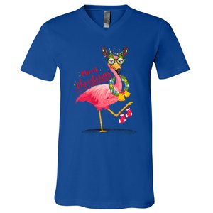 Merry Flocking Christmas Day Pink Flamingo Xmas Holidays Gift V-Neck T-Shirt