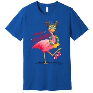 Merry Flocking Christmas Day Pink Flamingo Xmas Holidays Gift Premium T-Shirt