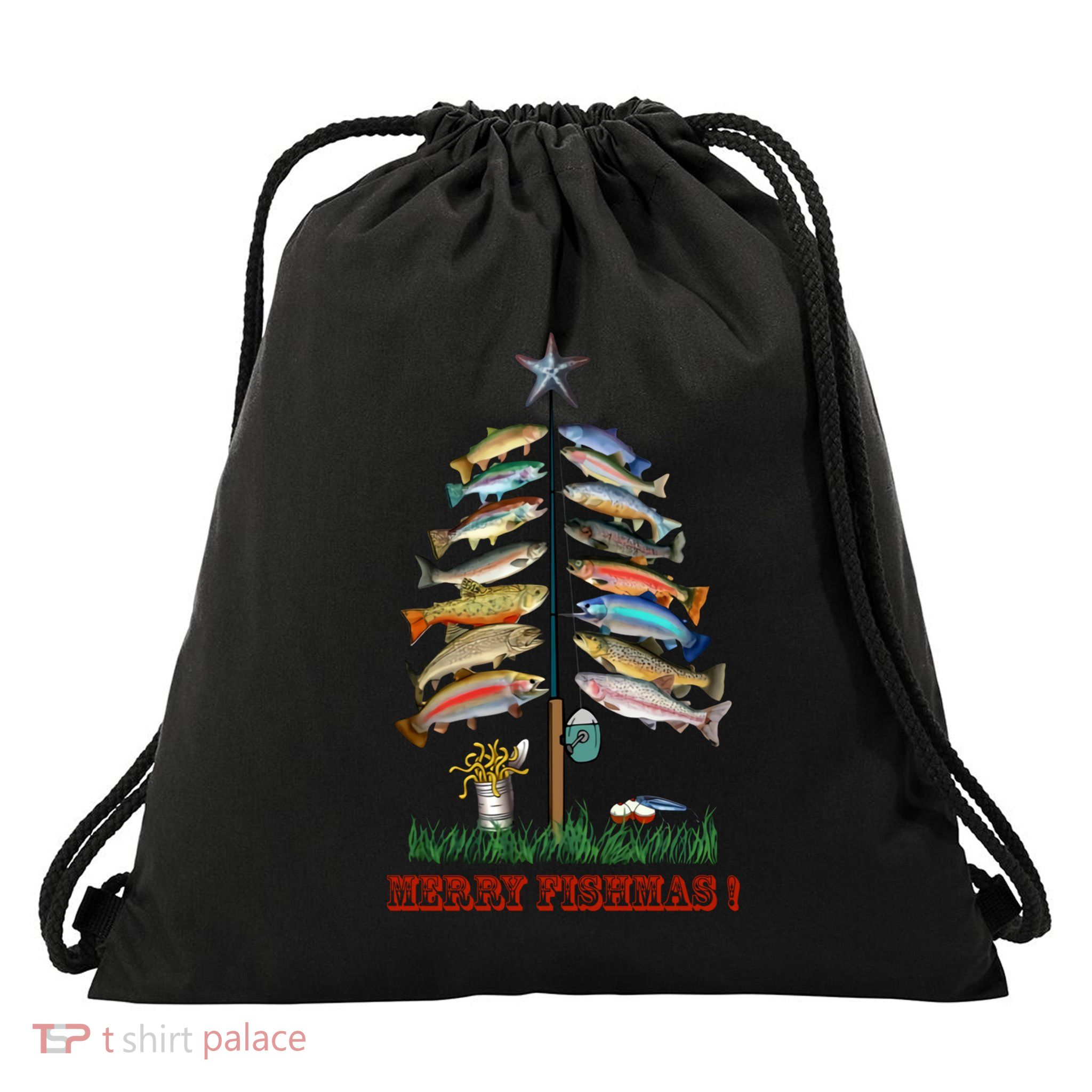 Merry Fishmas Christmas Fish Tree Meaningful Gift Drawstring Bag