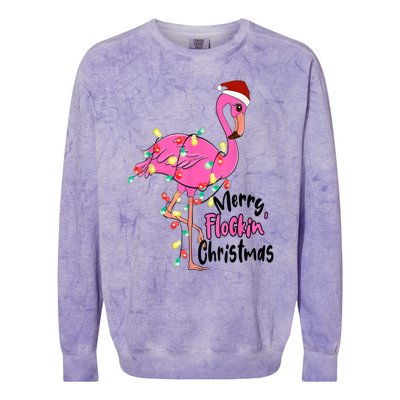 Merry Flocking Christmas Flamingo Pink In Santa Hat Xmas Gift Colorblast Crewneck Sweatshirt