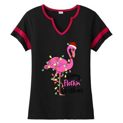 Merry Flocking Christmas Flamingo Pink In Santa Hat Xmas Gift Ladies Halftime Notch Neck Tee