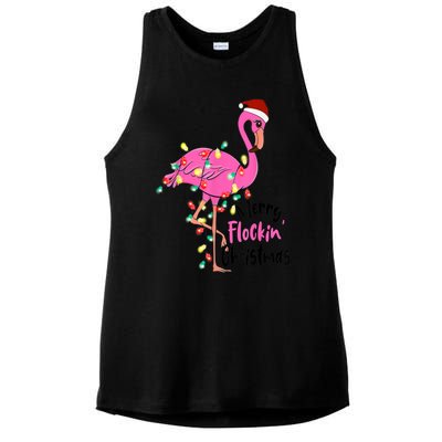 Merry Flocking Christmas Flamingo Pink In Santa Hat Xmas Gift Ladies PosiCharge Tri-Blend Wicking Tank