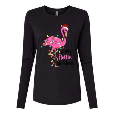 Merry Flocking Christmas Flamingo Pink In Santa Hat Xmas Gift Womens Cotton Relaxed Long Sleeve T-Shirt