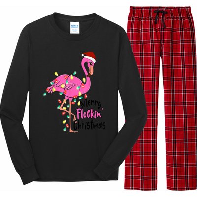 Merry Flocking Christmas Flamingo Pink In Santa Hat Xmas Gift Long Sleeve Pajama Set