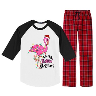 Merry Flocking Christmas Flamingo Pink In Santa Hat Xmas Gift Raglan Sleeve Pajama Set