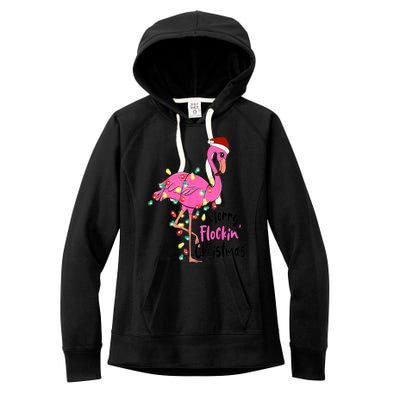 Merry Flocking Christmas Flamingo Pink In Santa Hat Xmas Gift Women's Fleece Hoodie