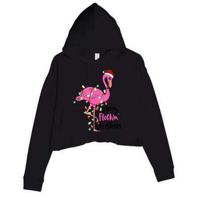 Merry Flocking Christmas Flamingo Pink In Santa Hat Xmas Gift Crop Fleece Hoodie