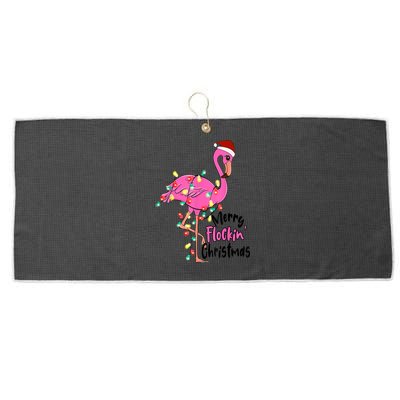 Merry Flocking Christmas Flamingo Pink In Santa Hat Xmas Gift Large Microfiber Waffle Golf Towel