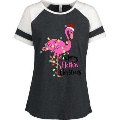 Merry Flocking Christmas Flamingo Pink In Santa Hat Xmas Gift Enza Ladies Jersey Colorblock Tee