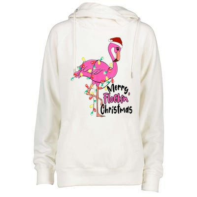 Merry Flocking Christmas Flamingo Pink In Santa Hat Xmas Gift Womens Funnel Neck Pullover Hood