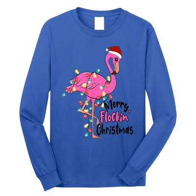 Merry Flocking Christmas Flamingo Pink In Santa Hat Xmas Gift Long Sleeve Shirt