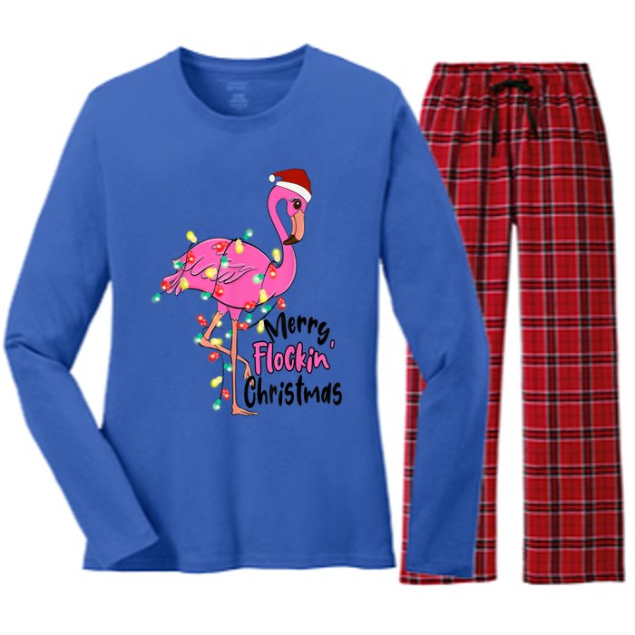 Merry Flocking Christmas Flamingo Pink In Santa Hat Xmas Gift Women's Long Sleeve Flannel Pajama Set 