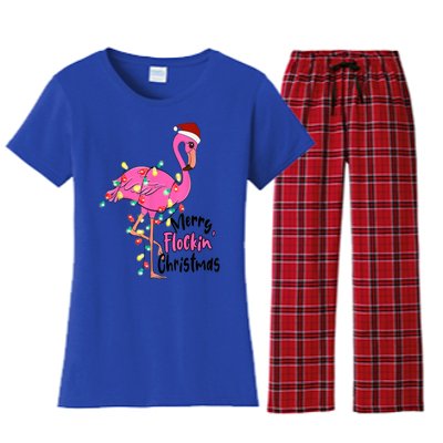 Merry Flocking Christmas Flamingo Pink In Santa Hat Xmas Gift Women's Flannel Pajama Set