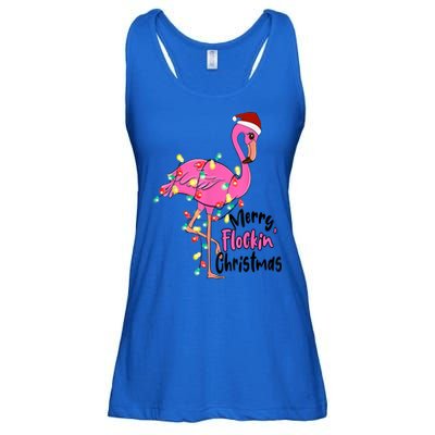 Merry Flocking Christmas Flamingo Pink In Santa Hat Xmas Gift Ladies Essential Flowy Tank