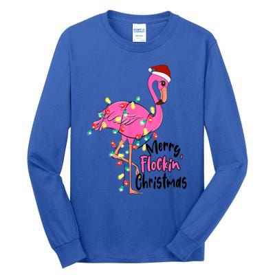 Merry Flocking Christmas Flamingo Pink In Santa Hat Xmas Gift Tall Long Sleeve T-Shirt