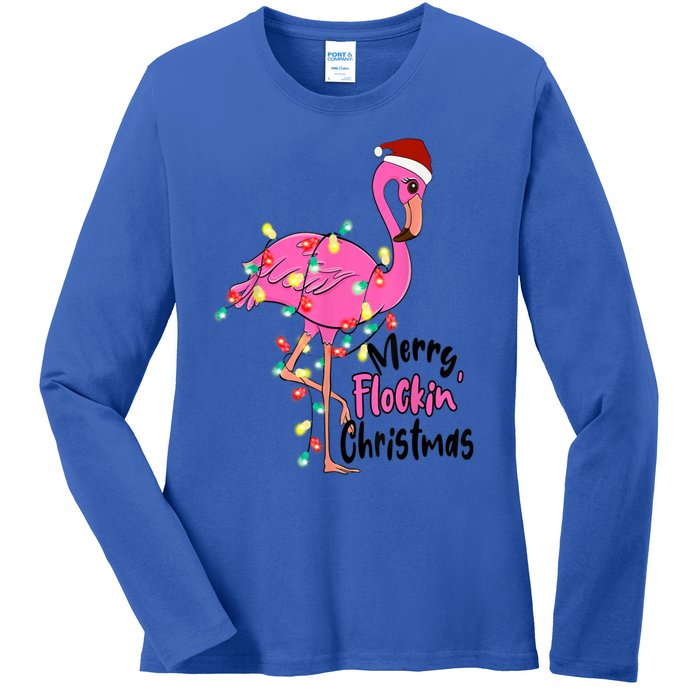 Merry Flocking Christmas Flamingo Pink In Santa Hat Xmas Gift Ladies Long Sleeve Shirt