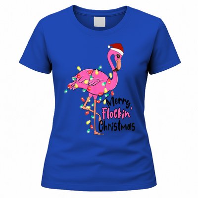 Merry Flocking Christmas Flamingo Pink In Santa Hat Xmas Gift Women's T-Shirt