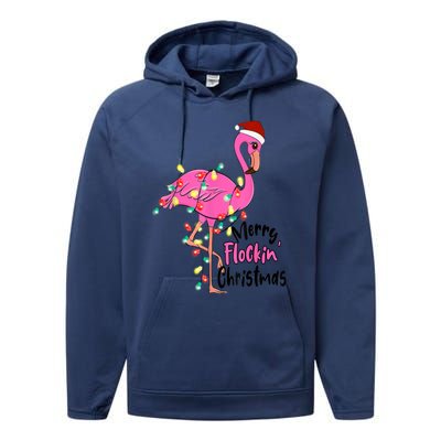 Merry Flocking Christmas Flamingo Pink In Santa Hat Xmas Gift Performance Fleece Hoodie