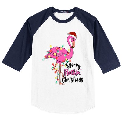 Merry Flocking Christmas Flamingo Pink In Santa Hat Xmas Gift Baseball Sleeve Shirt