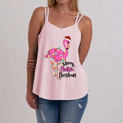 Merry Flocking Christmas Flamingo Pink In Santa Hat Xmas Gift Women's Strappy Tank