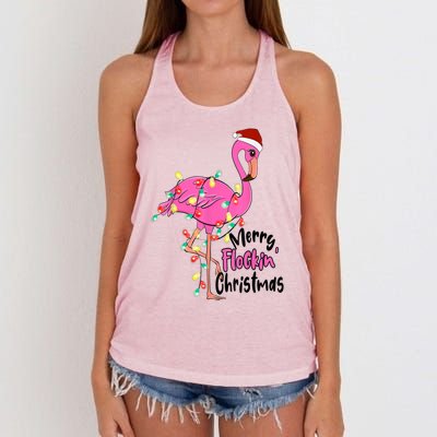 Merry Flocking Christmas Flamingo Pink In Santa Hat Xmas Gift Women's Knotted Racerback Tank