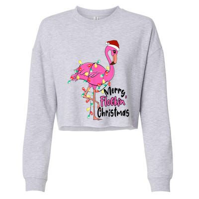 Merry Flocking Christmas Flamingo Pink In Santa Hat Xmas Gift Cropped Pullover Crew