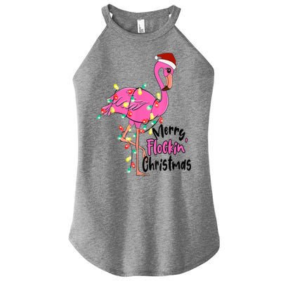 Merry Flocking Christmas Flamingo Pink In Santa Hat Xmas Gift Women's Perfect Tri Rocker Tank