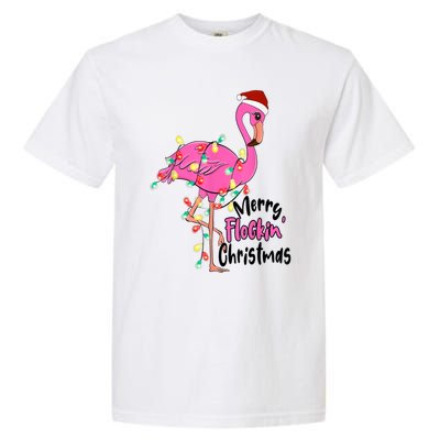 Merry Flocking Christmas Flamingo Pink In Santa Hat Xmas Gift Garment-Dyed Heavyweight T-Shirt