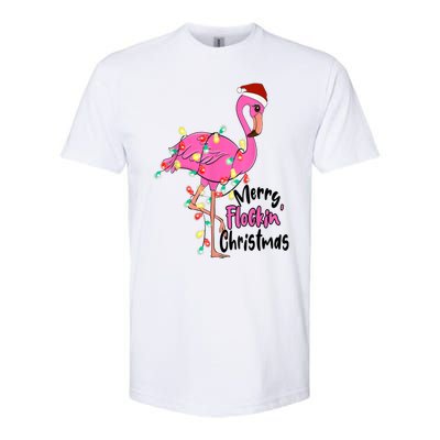 Merry Flocking Christmas Flamingo Pink In Santa Hat Xmas Gift Softstyle CVC T-Shirt