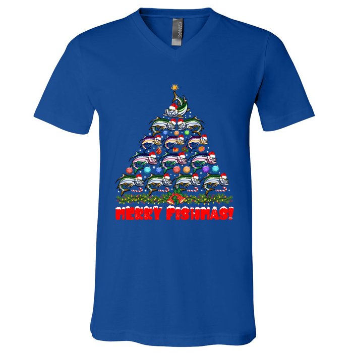 Merry Fishmas Christmas Tree Fishing Lover Funny Gift V-Neck T-Shirt