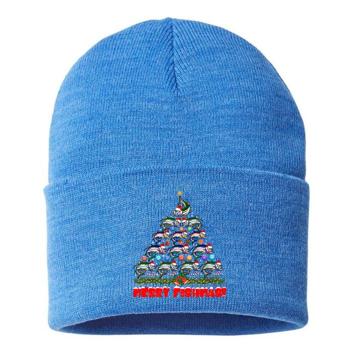 Merry Fishmas Christmas Tree Fishing Lover Funny Gift Sustainable Knit Beanie