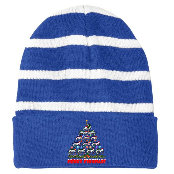 Merry Fishmas Christmas Tree Fishing Lover Funny Gift Striped Beanie with Solid Band