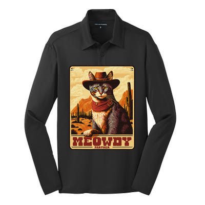 Meowdy! Funny Country Music Cat Cow Hat Wanted Poster Silk Touch Performance Long Sleeve Polo