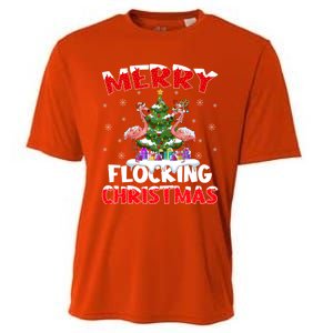 Merry Flocking Christmas Lighting Pink Flamingo Xmas Tree Gift Cooling Performance Crew T-Shirt