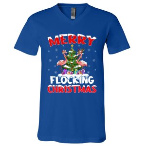 Merry Flocking Christmas Lighting Pink Flamingo Xmas Tree Gift V-Neck T-Shirt