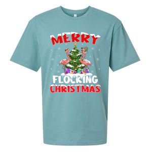 Merry Flocking Christmas Lighting Pink Flamingo Xmas Tree Gift Sueded Cloud Jersey T-Shirt