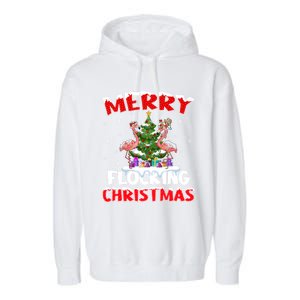 Merry Flocking Christmas Lighting Pink Flamingo Xmas Tree Gift Garment-Dyed Fleece Hoodie