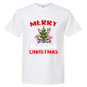 Merry Flocking Christmas Lighting Pink Flamingo Xmas Tree Gift Garment-Dyed Heavyweight T-Shirt