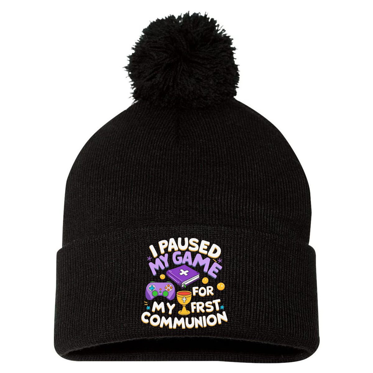 My First Communion Video Game Controller Pom Pom 12in Knit Beanie